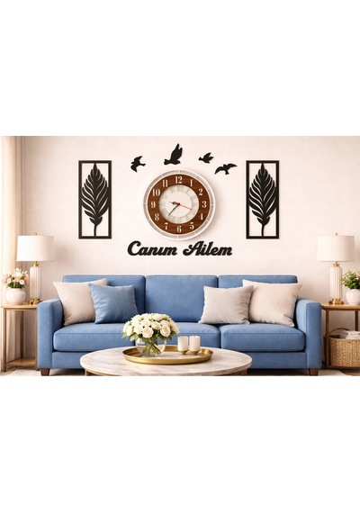 Şık Salon Saati 40 Cm Yaprak Temalı Canım Ailem Yazan No 30030 Kahverengi