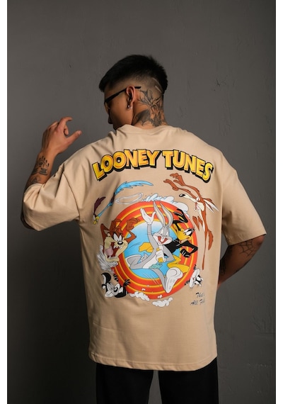 Noıssey Kod:ızeı - Unisex Oversize Looney Tunes Baskılı Pamuklu T-shirt P--1003 Bej