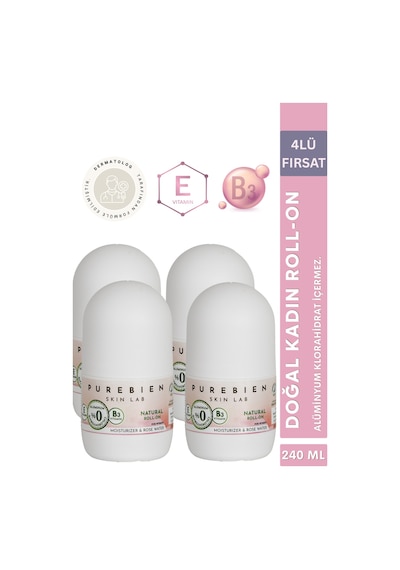 4 Lü Fırsat Paketi Doğal Kadın Roll On Deodorant Dermatolog Onaylı Koltuk Altı Kararmalarına Karşı Bakım, Ter Kokusu Önleyici, Alkolsüz, Vegan, Leke Bırakmaz