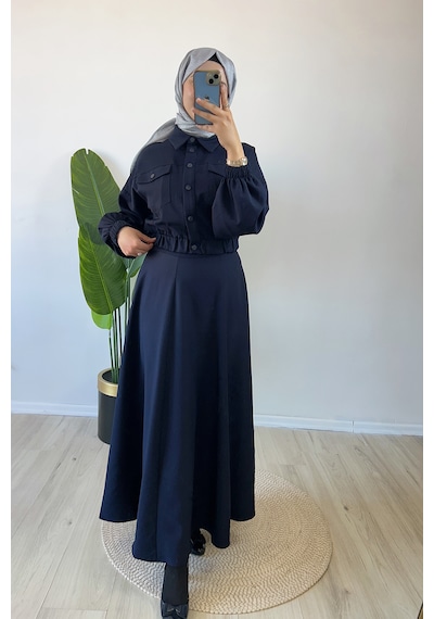 Merve Akyol Moda Bomber Ceketli Etekli Takım Lacivert