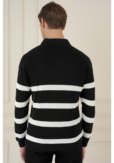 Efor Slim Fit Çizgili Fermuarlı Polo Yaka Siyah Triko Kazak Tr 877 Siyah