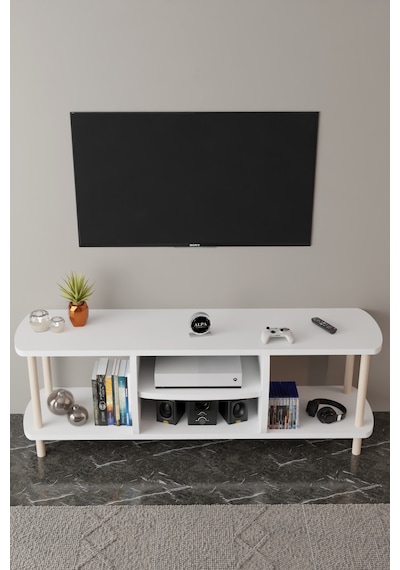 Modern Tv Ünitesi Ahşap Raflı 2 Katlı 4 Raflı Televizyon Sehpası Televizyon Ünitesi Beyaz