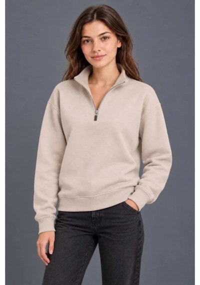 Butik İstanbul Üç İplik İçi Şardonlu Dik Yaka Yarım Fermuarlı Kışlık Sweatshirt - Bej