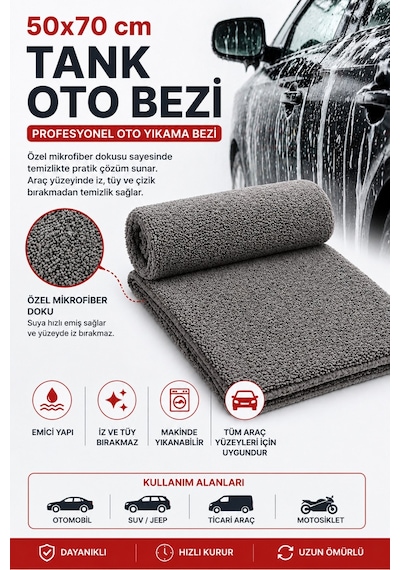 Muggio 50x70 Oto Yıkama & Kurulama Bezi Mikrofiber, Süper Emici, Leke Ve Tüy Bırakmaz, Tank Oto Bezi