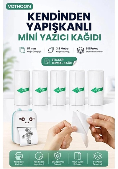 13 Lü Mini Yazıcı Termal Rulo Seti Çocuk Kamera Baskı Kağıdı 5 Yapışkanlı 5 Düz Beyaz 3 Renkli Çok Renkli