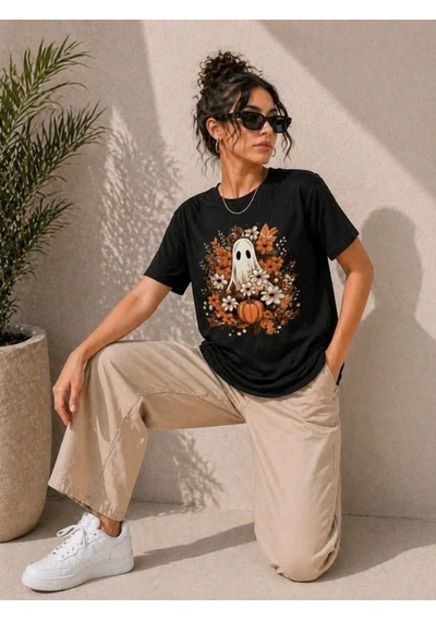 Efnaz Style Balkabağı Hayalet Baskılı Tişört Kısa Kol Yazlık T-shirt - Siyah