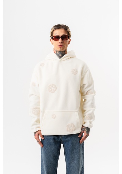 Respire Erkek Süzene Nakış Detaylı Kapüşonlu Oversize Polar Hoodie Ekru