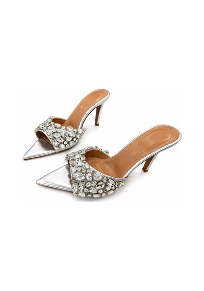 Papucumun Dünyası Kadın Gümüş Kristal Taşlı Sivri Burun Stiletto Mule Beyaz