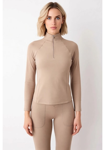 Benerly Kadın Dik Yaka Fermuarlı Reglan Kol Uzun Kollu Fitted Örme Sweats Vizon