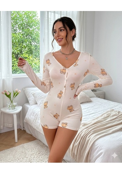 Trend Dokunuş Kadın Pamuklu Ayıcıklı Ve Kalp Desenli Düğmeli Uzun Kollu Şortlu Gecelik Tulum Beyaz Trend Dokunuş Kadın Pamuklu Ayıcıklı Ve Kalp Desenli Düğmeli Uzun Kollu Şortlu Gecelik Tulum Beyaz