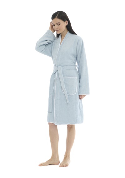 Athena Kimono Kadın Bornozu- Beyaz %100 Pamuk Mavi