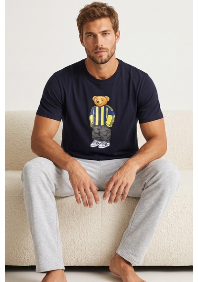 Siyah İnci Baskılı Pamuklu Örme Kısa Kollu Pijama Takım 8075 Lacivert