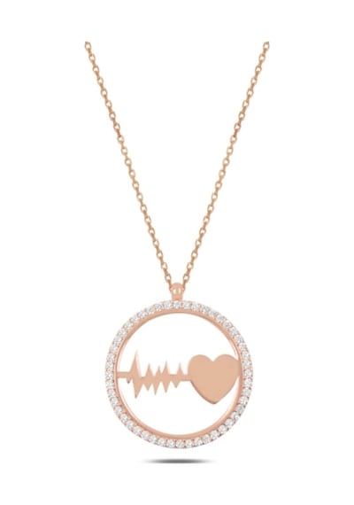 Brezza Lusso Jewelry Gümüş Rose Renk Halka Kalp Ritmi Gümüş Kadın Kolye 45 CM