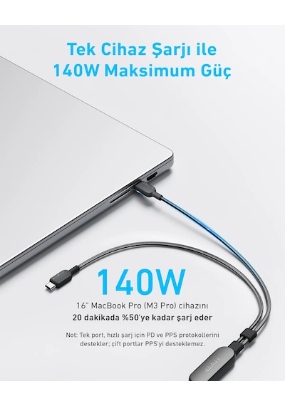 Anker 140w 2-in-1 Usb-c To Usb-c Şarj Kablosu Siyah