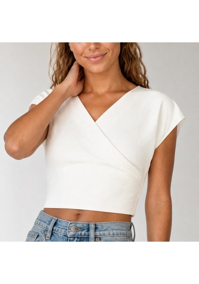 Nealirsanall.com Kadın Kruvaze Crop Top - V Yaka Kısa Kol Bluz Siyah