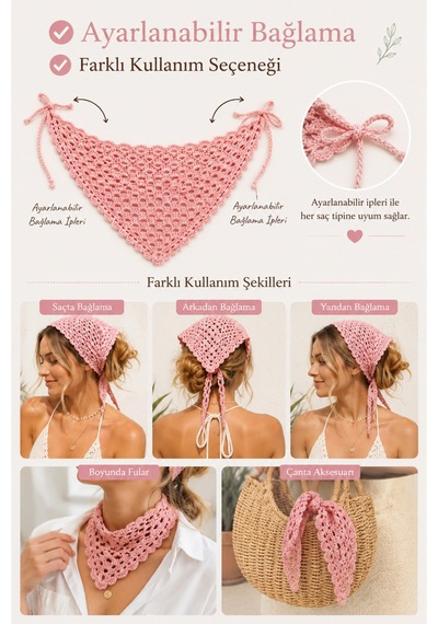 El Örgüsü Saç Bandanası Bohem Bone Yazlık Kombin Bandana Saç Aksesuarı Beyaz