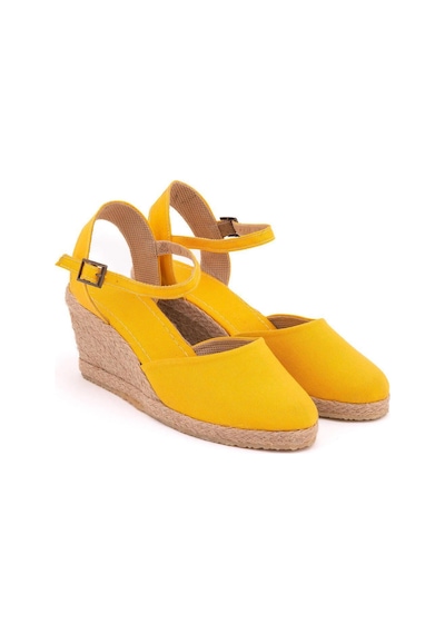 Gerçek Elişi Topuğu Açık Bilekten Bantlı Dolgu Topuk Keten Hasır Espadril Handmade Sarı