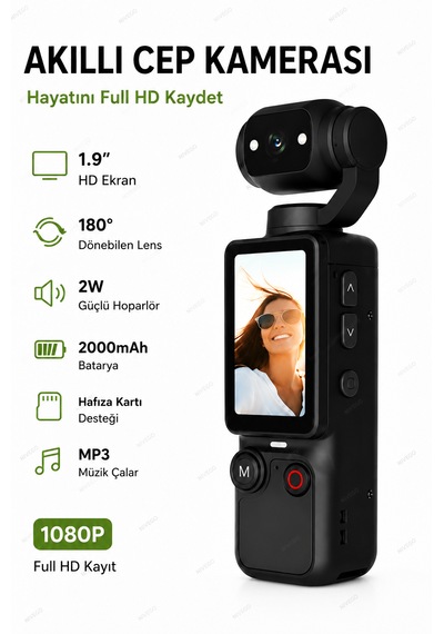 Blc Mini Wifi Vlog Kamera Akıllı Cep Kamerası 180 Dönebilen Lens 1080p Full Hd Kamera 1.9'' Ekran Mp3 Çalar 2000mah Batarya Taşınabilir Klipsli Mini Video Aksiyon Kamera