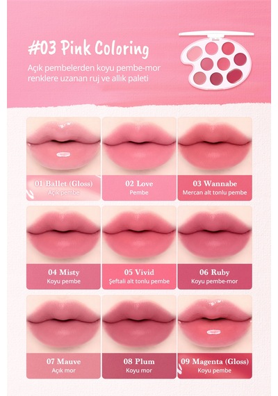Dasique 9 Renkli Ruj & Allık Paleti Mood Painting Lip & Cheek Palette 03 Pink Coloring 03 Pink Coloring