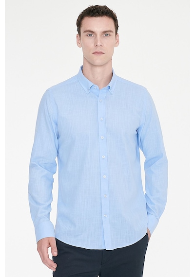 AC&Co / Altınyıldız Classics Tailored Slim Fit Dar Kesim Düğmeli Yaka %100 Pamuk Erkek Gömlek Mavi