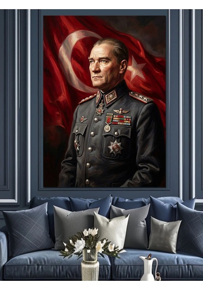 Atatürk Al Bayrak Önünde Üniformalı Dekoratif Kanvas - Mdf Ahşap Tablo