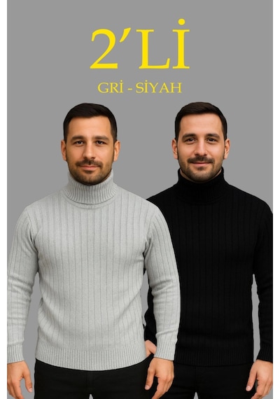 Modi Erkek Fitilli Triko Kazak 2li Set Gri Siyah Regular Balıkcı Yaka Tam Boğazlı Triko Seti Modeli Kazak