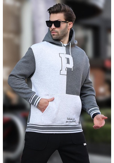 Madmext Antrasit Renk Bloklu Kapüşonlu Baskılı Erkek Sweatshirt 7078 Antrasit