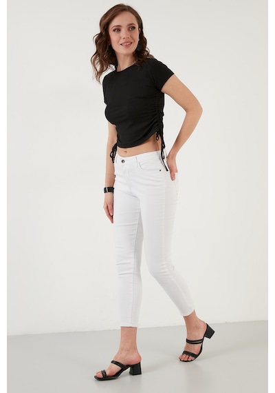 Lela Yanlardan Büzgülü Kısa Kollu Crop Bayan Bluz 5864010 Siyah