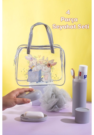 Porsima 3145 Tavşan Figürlü Seyahat Seti - Diş Fırçası Kutusu Banyo Lifi Sabun Kutusu Gri Gri