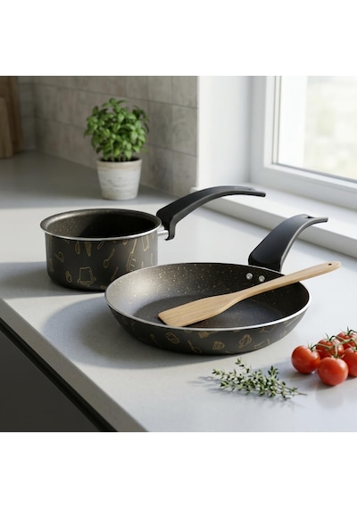 Master 2'li Ekonomik Set: 12 Cm Sosluk & 20 Cm Tava - Mutfak Desenli Gold Mastik Yanmaz Yapışmaz Set Diğer