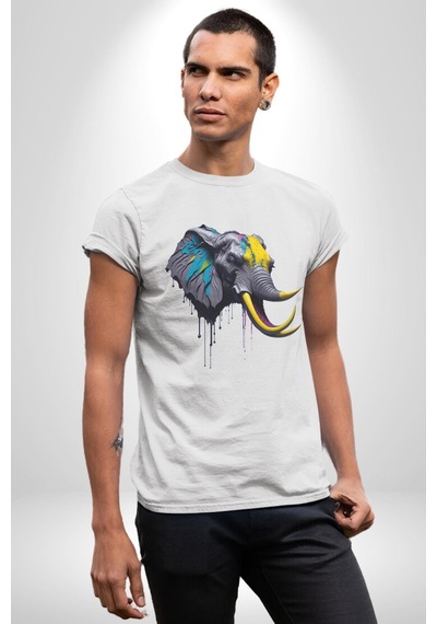 Renkli Fil Kafası Unisex Unisex Beyaz Organik Baskılı T-shirt Penye Yüksek Kalite Beyaz