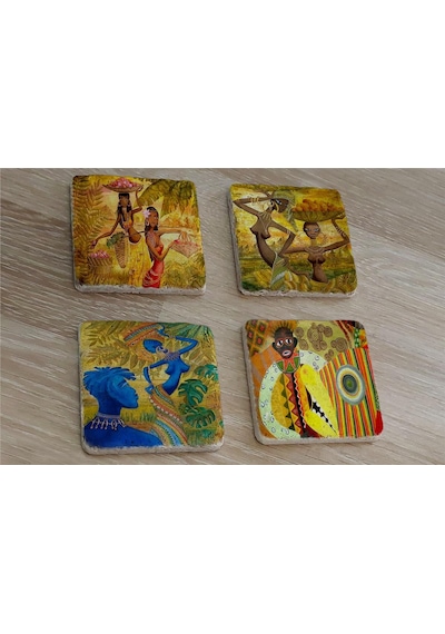 Aborjin Kabile Üyeleri Etnik Doğal Taş Bardak Altlığı 4'lü Set - Natural Stone Coasters - Taş Çok Renkli