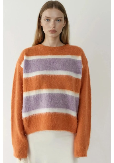Hiccup Relaxed Fit Renkli Çizgili Triko Kazak Neon Pembe