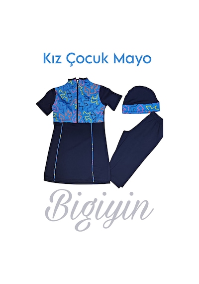 Bigiyin Yarım Kol Çocuk Mayo Fermuarlı Çocuk Mayosu Kısa Kol Mayo Kız Çocuk Mayo Lacivert