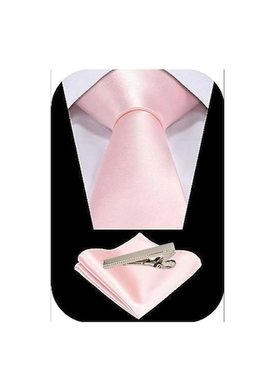 Tezzgelsin Erkek Saten Kravat Mendil ve Silver Çelik Kravat İğne Pembe