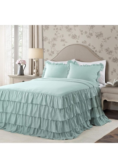 Aqua Allison Fırfırlı Etek Yatak Örtüsü Vintage Şık Çiftlik Evi Tarzı Hafif 3 Parça Set Queen Çok renkli