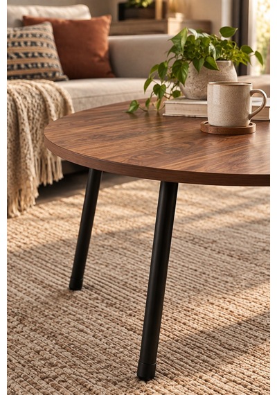 Sulorahome Ceviz Desenli Metal Ayaklı Oval Orta Sehpa
