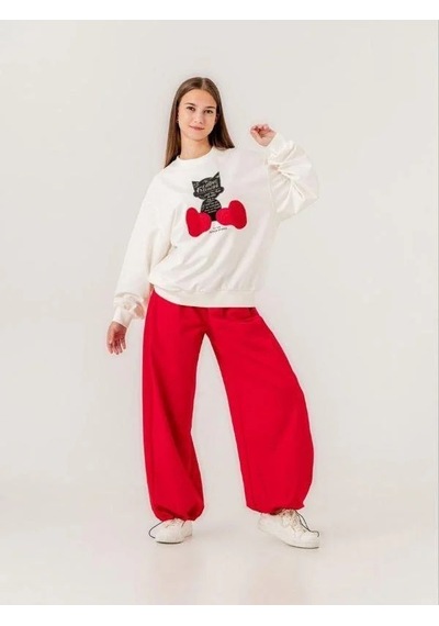 Kız Çocuk Kedi Baskılı Tasarım 2 İplik Sweatshirt-14214 Ekru