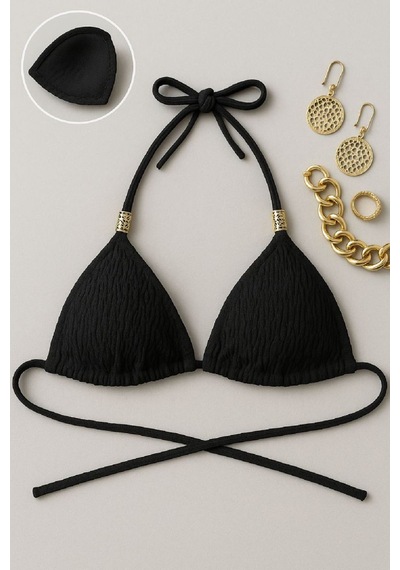 Najmaddin.com Beru Kadın Siyah Pedli Üçgen Bikini Üstü Halter Bağlamalı Aksesuarlı