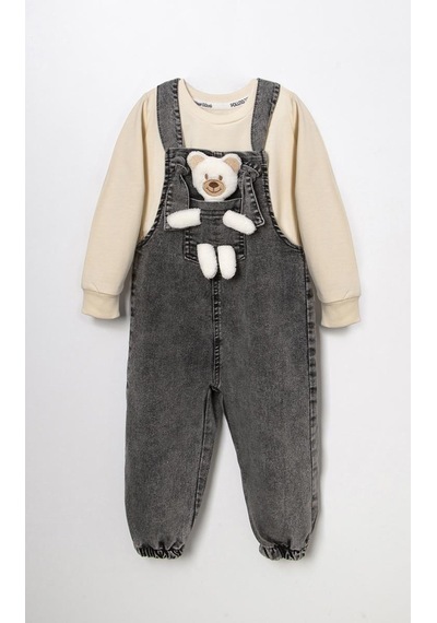 Unisex Çocuk Askısı Bağlamalı Teddy Oyuncaklı 2'li Kot Salopet 001