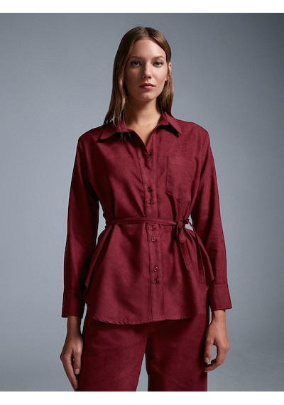 Dilvin 50518 Kemerli Süet Gömlek-bordo Bordo