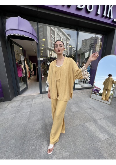 Kol Detaylı Salaş Keten Kimono Safran Sarısı-101 Bej