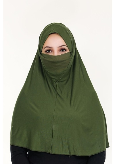 Peçeli Hazır Türban Pratik Şal Hijab Namaz Örtüsü Haki