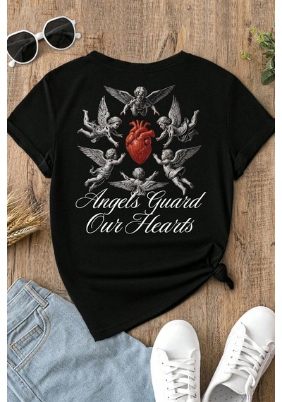 Spoyi Angel Heart Tasarımlı %100 Pamuk Yarım Oversize Siyah T-mhirt