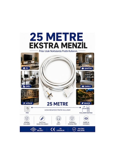 Viko Seyyar Uzatma Kablosu 25 Metre 3x2.5 Mm Cca Kablo Viko Erkek Dişi Fiş Klemensli Terminalli Topraklı Tse Ce Belgeli 25 M