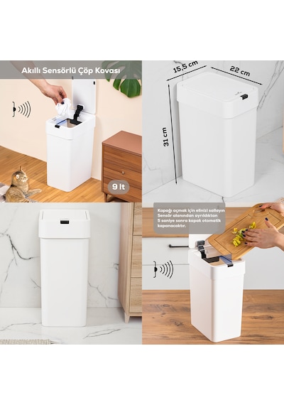 Porsima Me-06 Hareket Sensörlü 9lt Sessiz Banyo Mutfak Çöp Kovası Beyaz