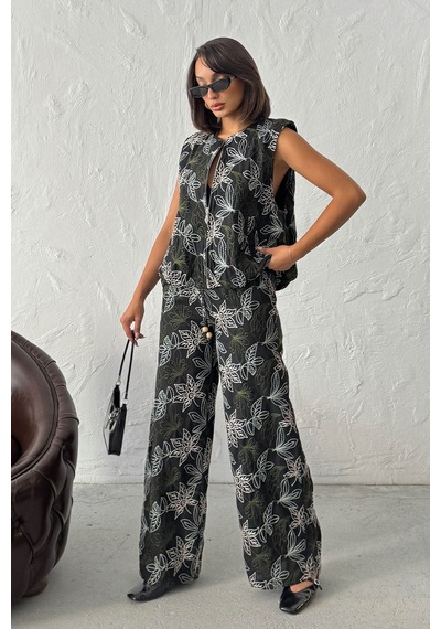 Verymoda Nakışlı Keten Pantolon F2008 Siyah
