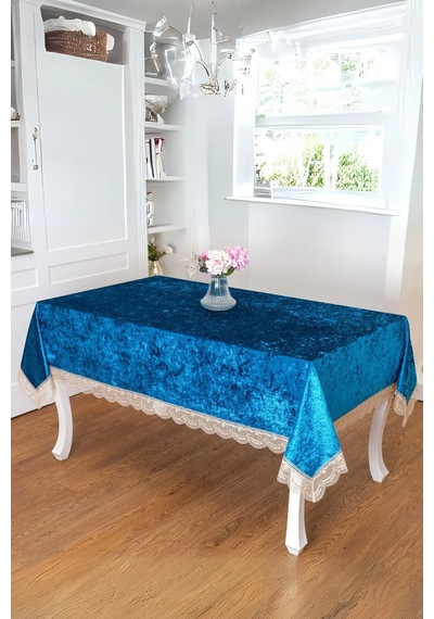 Pera Lüx Dantelli Kadife Kumaş Turkuaz Masa Örtüsü 160x220 Cm - 1421 Çok Renkli