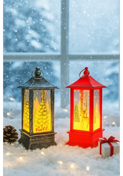 Yeni Yıl Noel Temalı 2 Li Set Işıklı Yılbaşı Feneri Çam Ağacı & Bambi Figürlü Kandili Fener 14 Cm Çok Renkli
