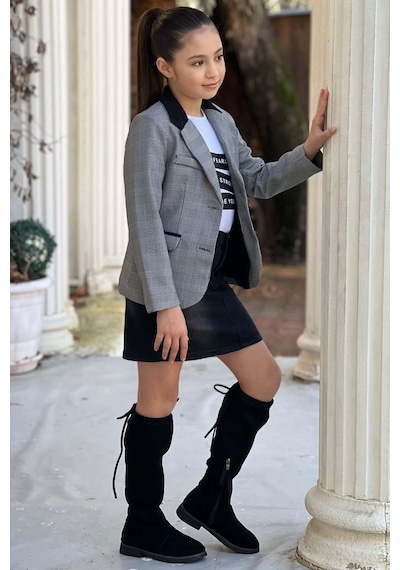 Riccotarz Kız Çocuk Yazı Baskılı Tişört Sahte Cep Detaylı Kareli Blazer Ceket Siyah Jean Etekli Takım 001 Riccotarz Kız Çocuk Yazı Baskılı Tişört Sahte Cep Detaylı Kareli Blazer Ceket Siyah Jean Etekli Takım 001